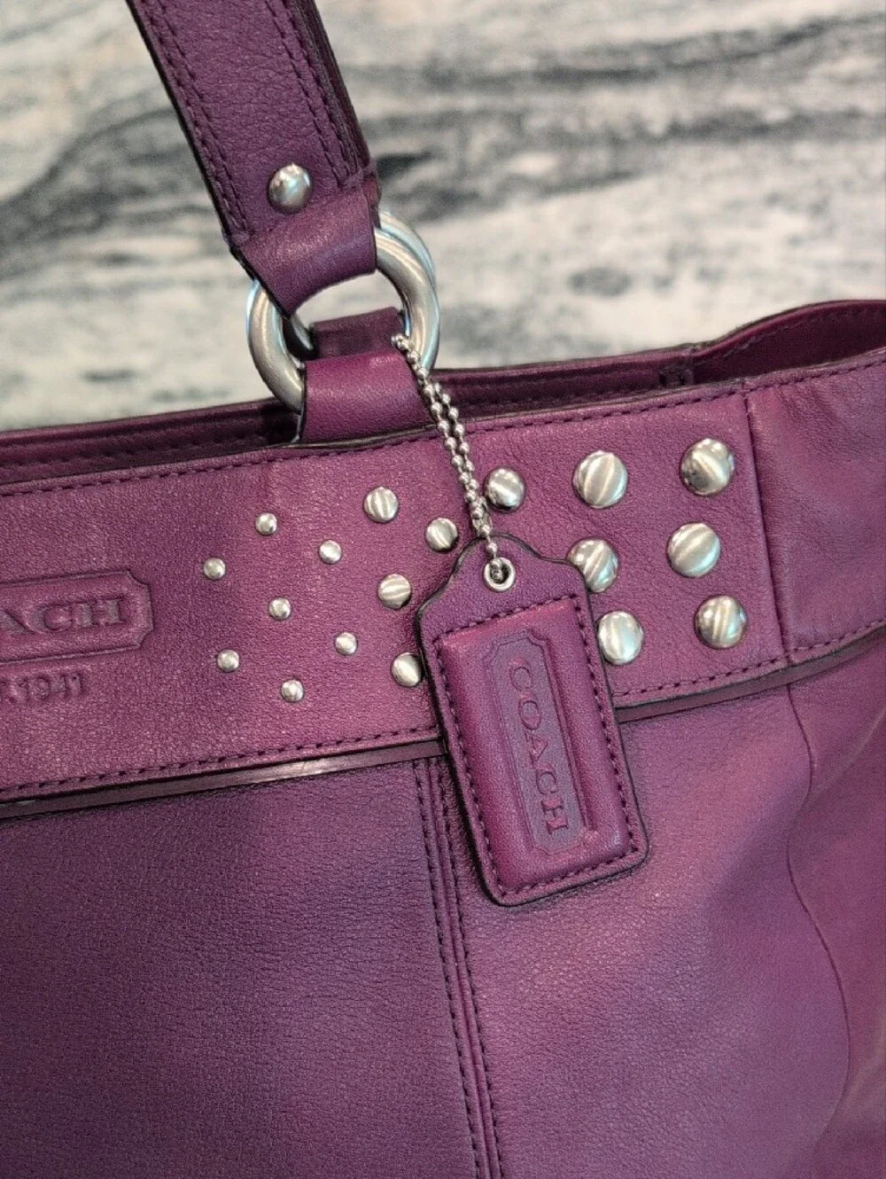 COACH Zoe Purple Glove-tanned Leather Studded Shoulder Bag
